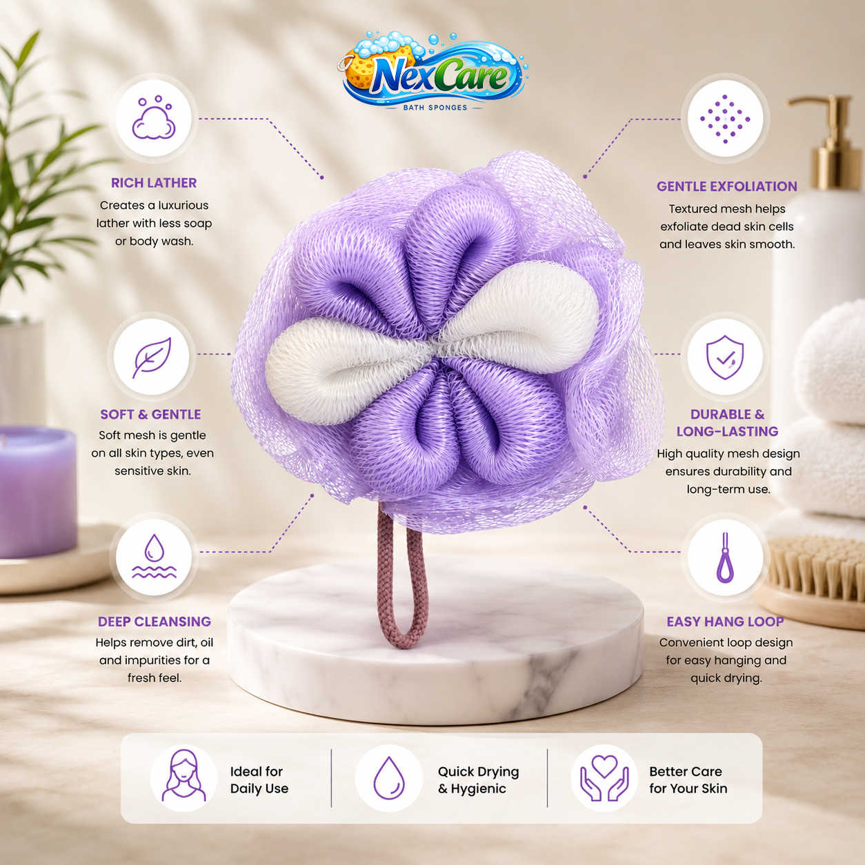 NexCare flower mesh bath pouf